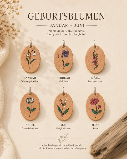 Personalisierter Leder Anhänger mit Geburtsblume - Schlüsselanhänger