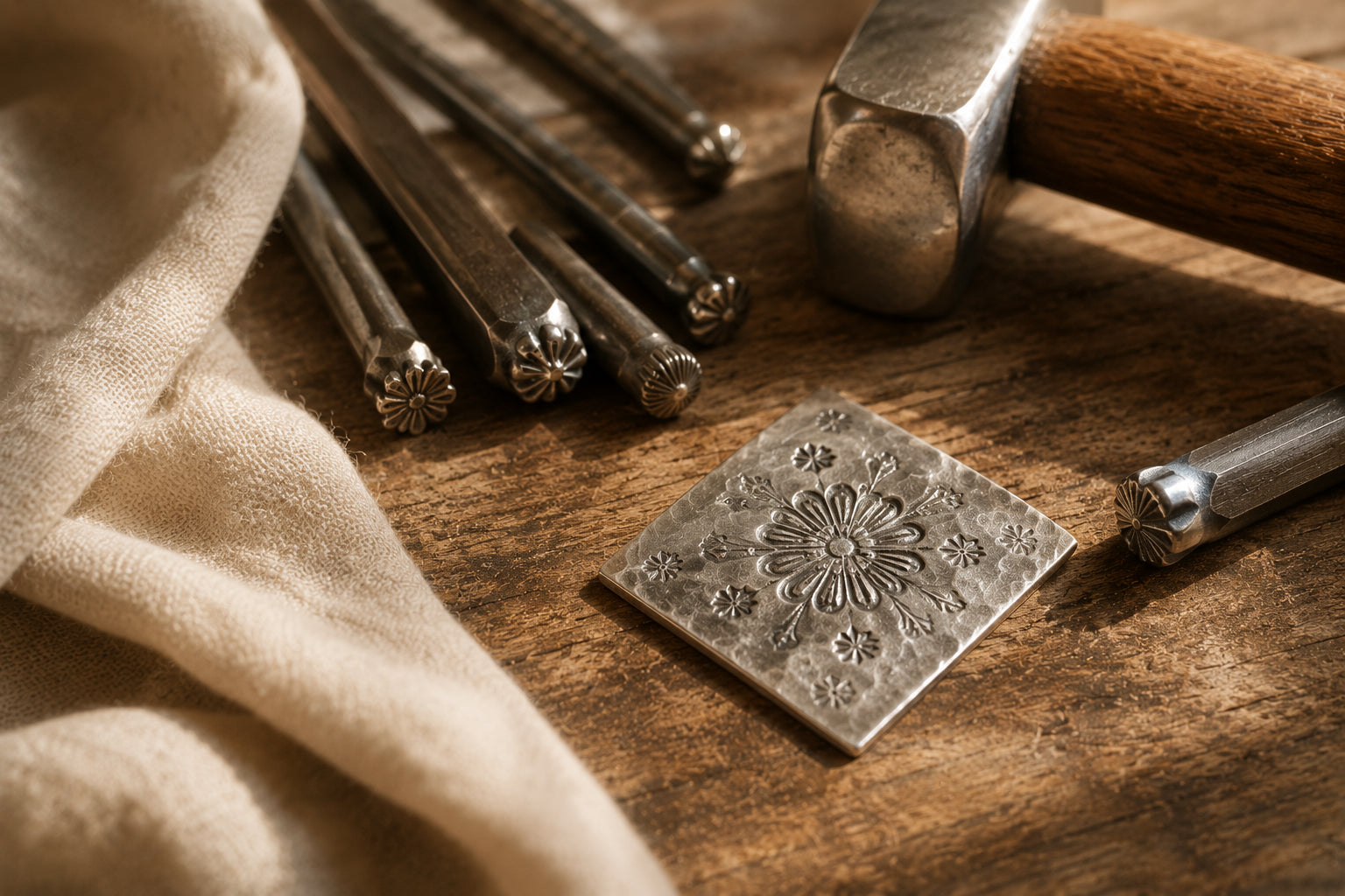 Punzierwerkzeug für Silberschmuck auf einer Werkbank – traditionelle Schmuckherstellung aus 925 Sterling Silber in Handarbeit.