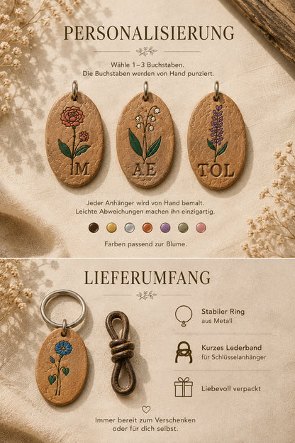 Personalisierter Leder Anhänger mit Geburtsblume am Schlüsselbund – Spitzstock