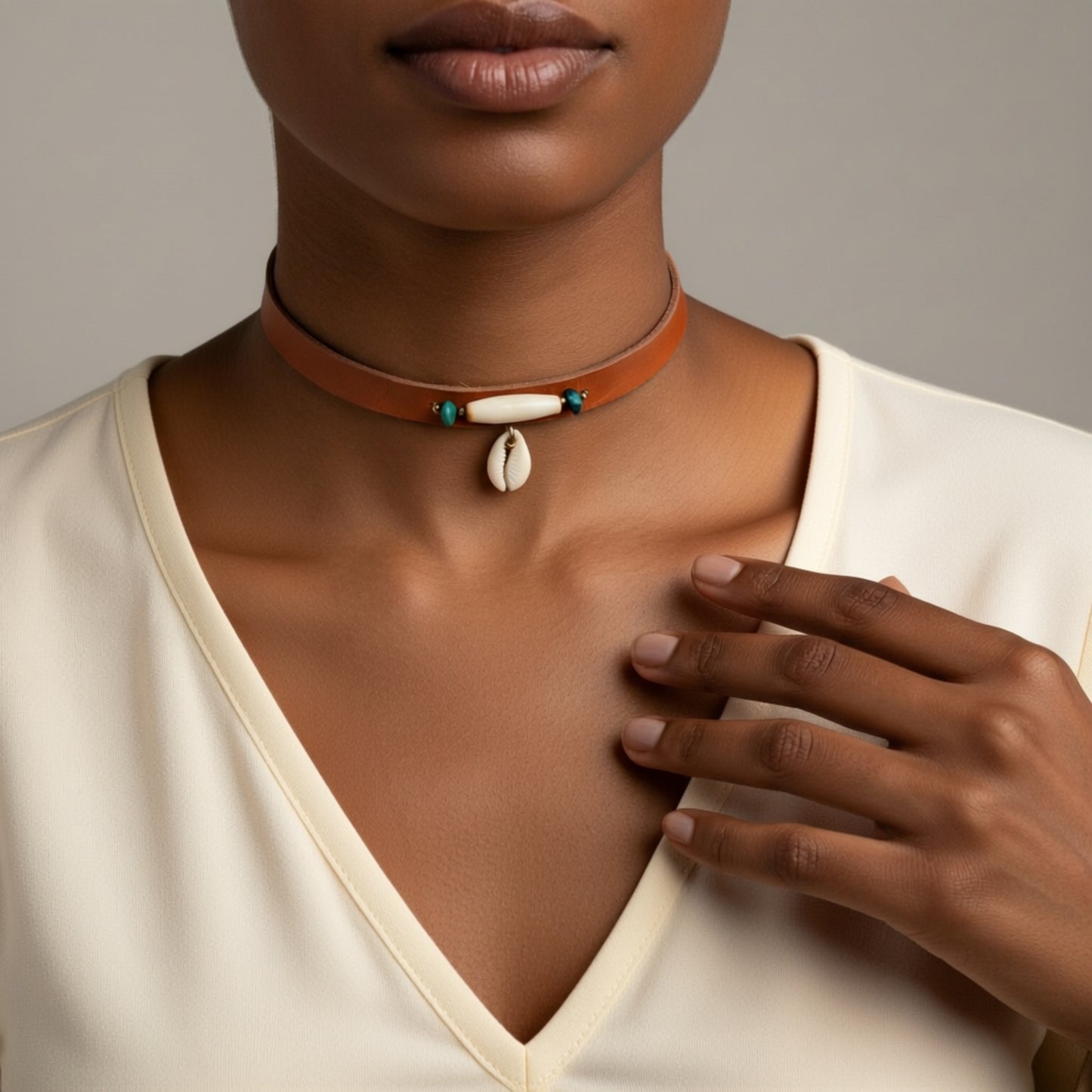 Southwestern Leather Choker "Desert Spirit" – Turquoise, Shell & Hairpipe Necklace