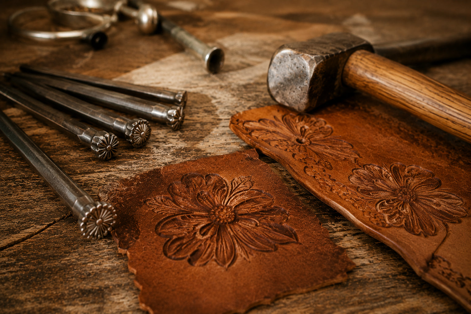 Punziertes Leder mit traditionellen Lederwerkzeugen auf einer Holzwerkbank – echtes Lederhandwerk aus dem Spitzstock Atelier.