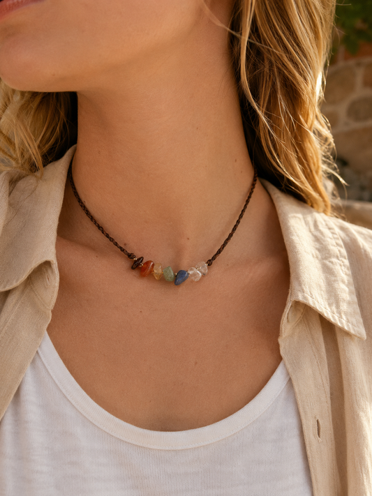 Luna Chakra Choker mit sieben Edelsteinen – von Spitzstock