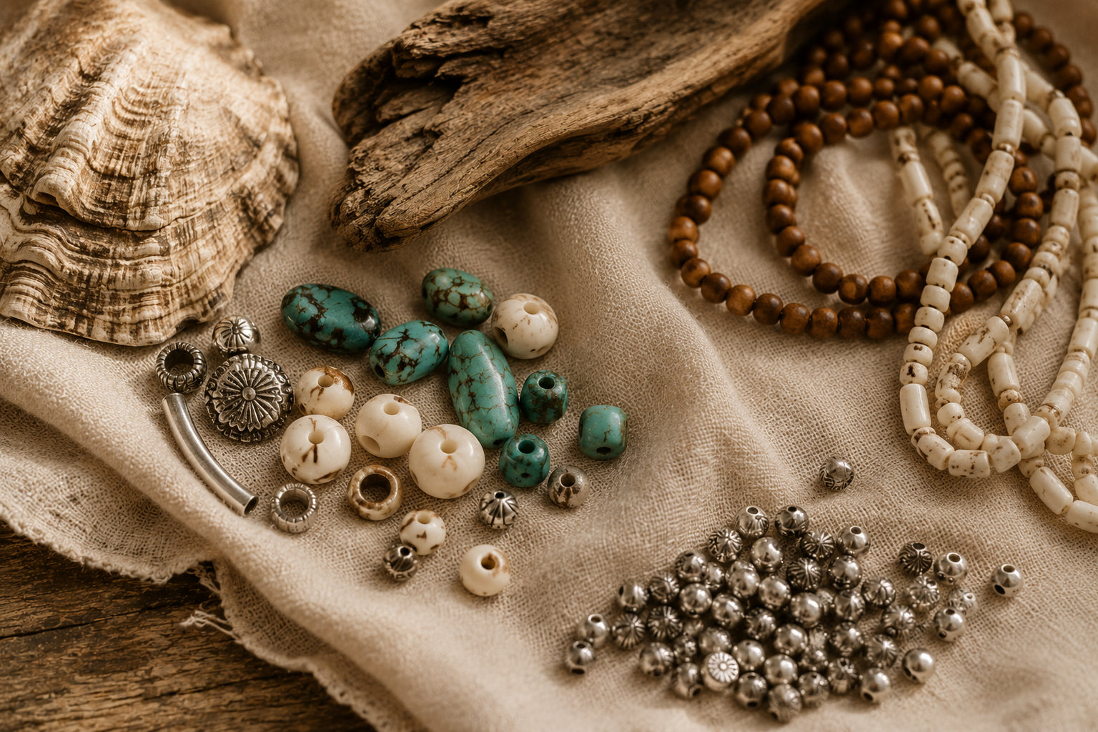 Türkis, Holzperlen, Knochenperlen, Muscheln und Silberperlen auf Leinenstoff – natürliche Materialien für handgefertigten Schmuck.