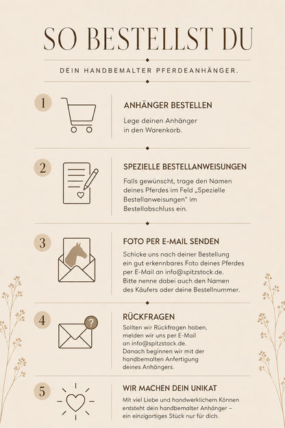 Bestellablauf personalisierter Pferde Schlüsselanhänger – Foto senden und Wunschname angeben, Spitzstock