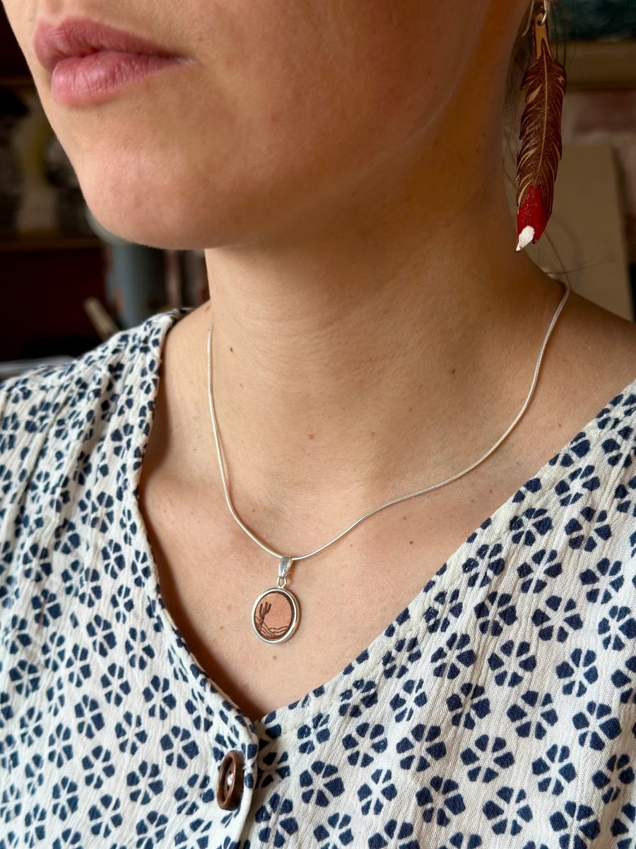 Silber Kette Anhänger Wüste Kaktus Leder - 